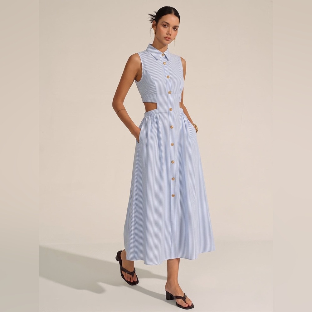 Commense Sleeveless Cutout Striped Midi Shirt Dress